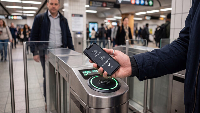 Commuter using a smartphone for contactless payment at a public transport fare gate.
