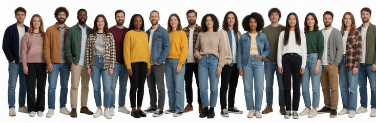 Fototapeta premium Large group of diverse young adults stand together on white background. Multiethnic men, women wear casual clothes like jeans, sweaters. Happy friendly people smile at camera in studio. International
