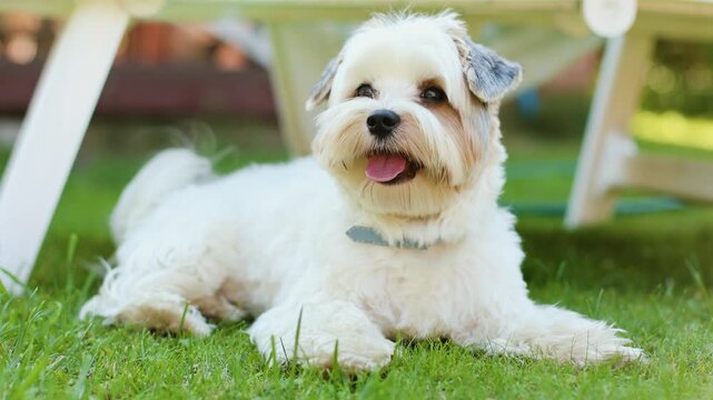 4K Slow motion video of a cute Biewer Yorkie dog lying on a green grass lawn. Close up shot of an adorable happy small Biewer Yorkshire Terrier puppy panting with open mouth in a sunny backyard.