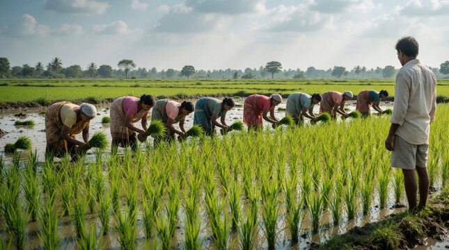 Indian workers plant rice seedlings in flooded rural paddy field. Group of women laborers bend down in mud water cultivating green crops under sunlight. Male supervisor stands near flat agricultural