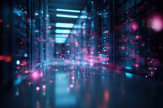 A futuristic data center corridor filled with glowing digital particles and illuminated server racks showcasing advanced technology and cyberspace connectivity
