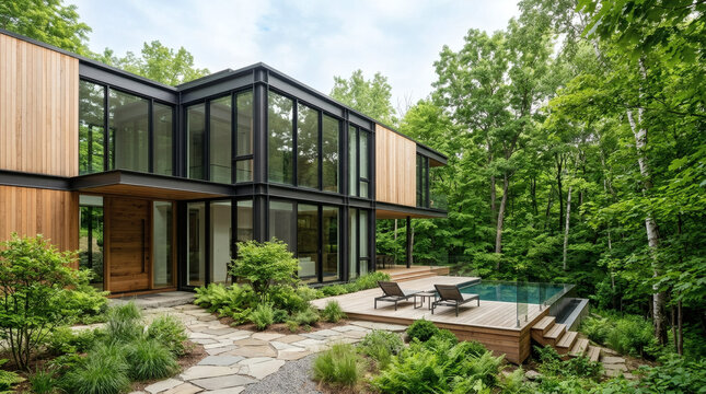 Architectural high-end photo of a contemporary eco-friendly luxury glass house integrated into a beautiful green summer forest real estate