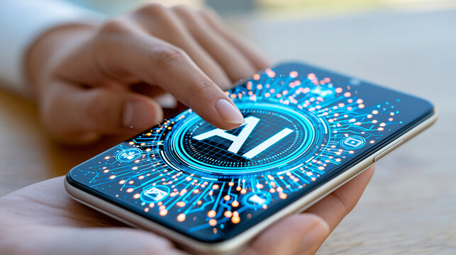 AI assistant concept on mobile device managing content generation for text, video and image, smart automation theme, defocused background, with copy space