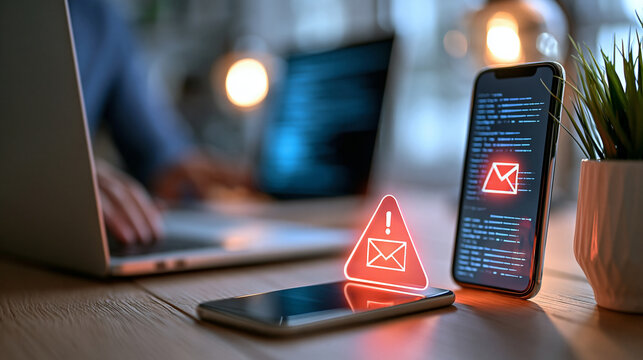 Phishing scam and cyber threat concept, warning spam email alert displayed on smartphone and laptop, cybersecurity risk theme, defocused background, with copy space