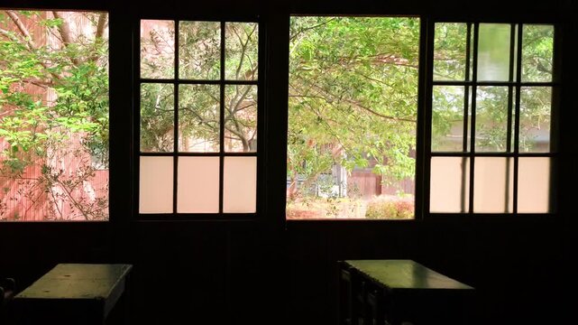 Old wooden schoolhouse interior in Shodoshima, Kagawa