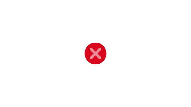 Abstract red x error icon animated against black background indicating failed process or cancellation.Red cross mark animation, 4k loop able with alpha channel. wrong mark animation,