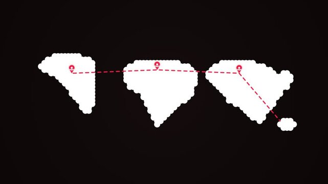 Pixelated map shapes with red dotted path lines