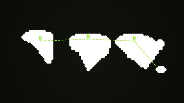 Pixelated world map with connected travel route
