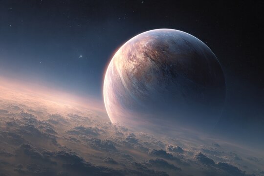 Stunning view of a distant planet with rugged surface and swirling clouds illuminated by soft sunlight against the vast backdrop of deep outer space stars