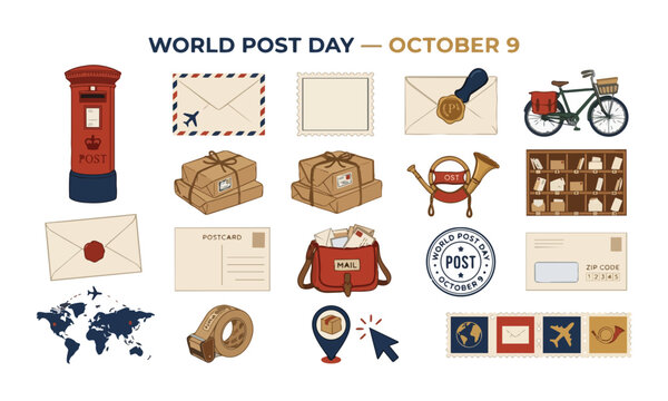 World Post Day October 9 Icon Set Flat Vector &mdash; Letter Box Airmail Envelope Stamp Wax Seal Postcard Postal Horn Parcel Carrier Bag Tracking, Post Red Cream Navy Gold &mdash; Postal Heritage