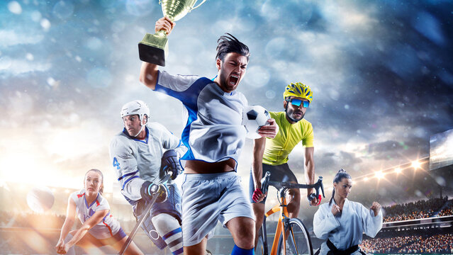 A multi-sport collage depicting various sports and hobbies. Athletes in a beautiful, large stadium full of fans. A collage of several sports. Collage