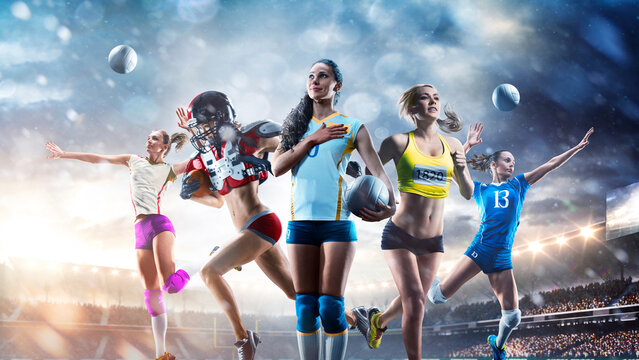 A multi-sport collage depicting various sports and hobbies. Athletes in a beautiful, large stadium full of fans. A collage of several sports. Collage