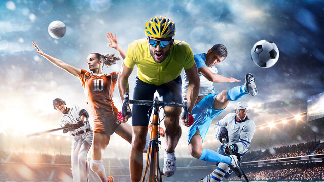 A multi-sport collage depicting various sports and hobbies. Athletes in a beautiful, large stadium full of fans. A collage of several sports. Collage
