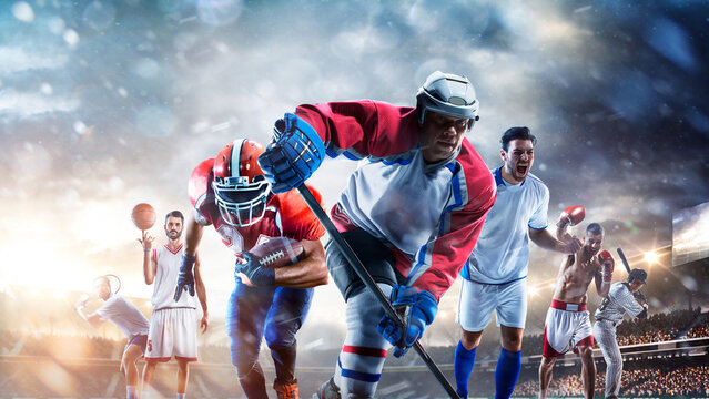 A multi-sport collage depicting various sports and hobbies. Athletes in a beautiful, large stadium full of fans. A collage of several sports. Collage