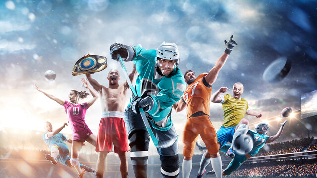 A multi-sport collage depicting various sports and hobbies. Athletes in a beautiful, large stadium full of fans. A collage of several sports. Collage