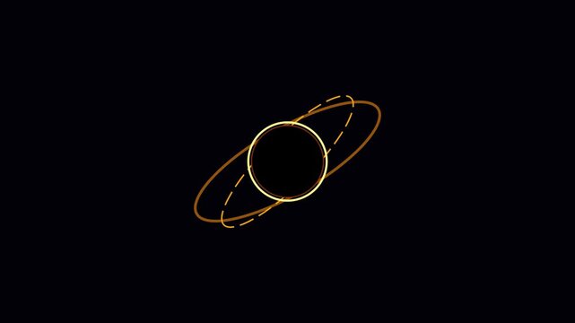 Golden atom model rotating animation with orbital rings on 4k black background, molecule science physics