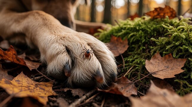 Dangerous tick crawls on dog paw during outdoor forest walk in autumn season. Small insect parasite bites pet leg walking on fallen dry leaves. Veterinary alert warns of lyme disease risk from mites