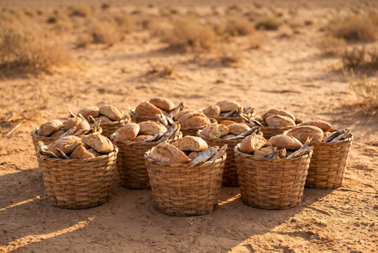 12 baskets with bread loaves and fishes in desert. Biblical miracle of Jesus feeding the 5000 multitude. Christian gospel concept of twelve apostles leftovers and divine abundance. Generative AI