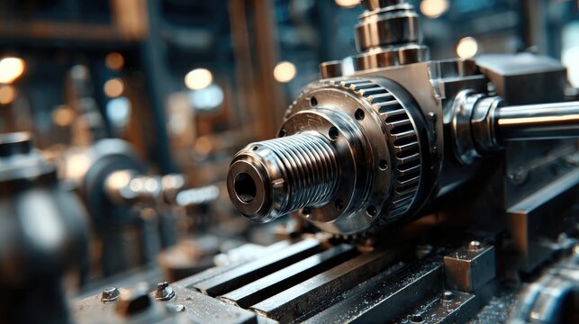 Precision Machining Detail: A close-up view of a metal lathe's headstock and spindle, showcasing intricate gears and threads.