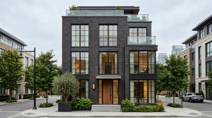 Fototapeta premium Modern urban townhouse facade with dark brick and large industrial windows city residential real estate photography