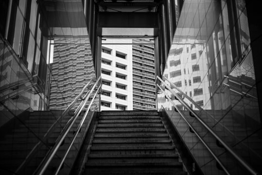Monochrome Stairway Framing Modern City Buildings