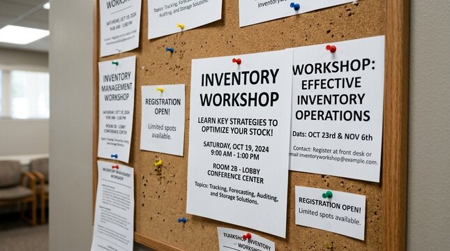 Waiting room bulletin board pinned with printed inventory workshop flyers