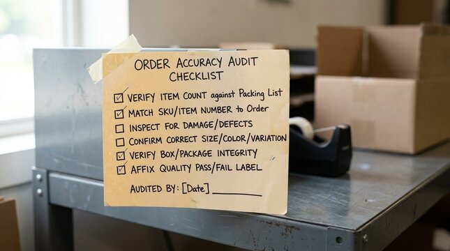 Order accuracy audit checklist taped beside a classification station showing quality steps