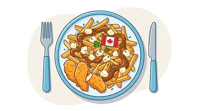 Top down view illustration featuring traditional poutine with crispy fried chicken tenders served on plate with vibrant flat illustration