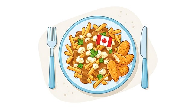 Top view illustration featuring poutine with crispy chicken tenders served on a round ceramic plate with vibrant vector illustration