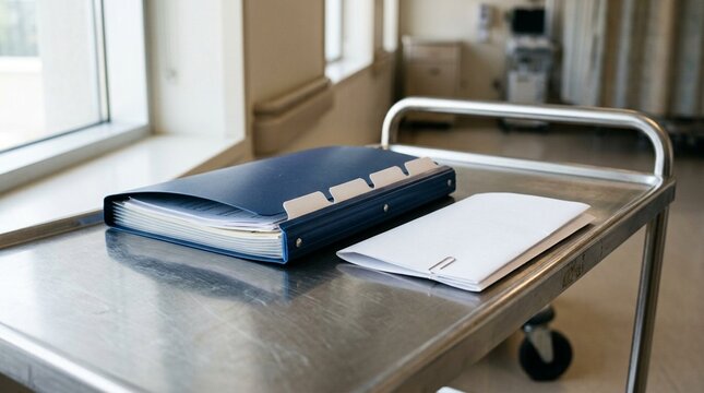 Slow-moving transition folder resting on a rolling cart beside a folded consent packet
