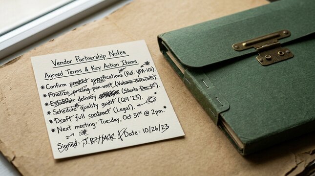 Handwritten vendor partnership note resting beside a folded classification folder