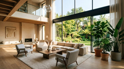 Fototapeta premium Luxury modern living room interior design with large indoor plants and floor to ceiling windows real estate photography