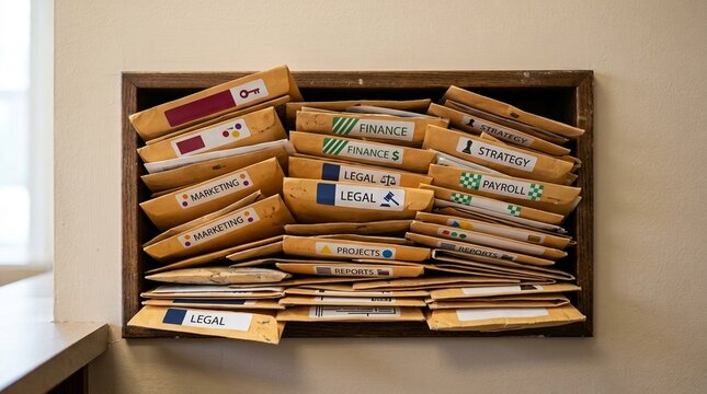 Front desk mail slot stuffed with labeled interoffice classification envelopes