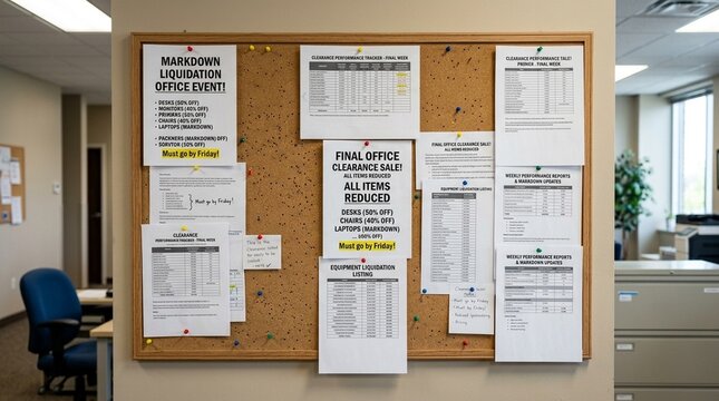 Markdown liquidation office corkboard pinned with printed clearance performance flyers