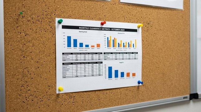 Inventory classification office bulletin board pinned with a printed monthly clearance metrics chart