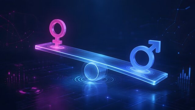 Neon pink female and blue male gender symbols balancing perfectly on a futuristic digital seesaw for gender equality concept