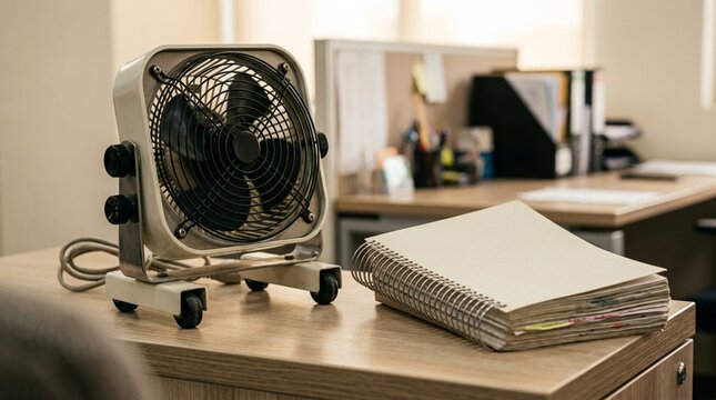Rolling classification office desk fan beside a stack of turnover notes