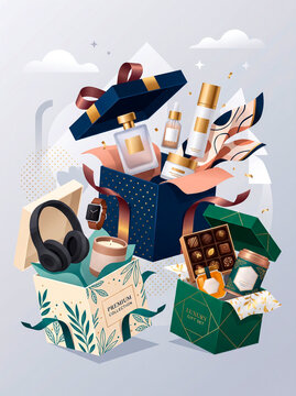 Vector illustration of luxury open gift boxes filled with cosmetics, tech gadgets, chocolates, and perfume for holiday gift set concepts