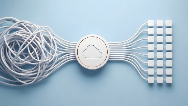Cloud computing concept showing chaotic tangled cables organizing into neat connections through a central cloud hub
