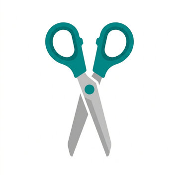 Illustration of a pair of scissors with metallic gray blades and teal handles