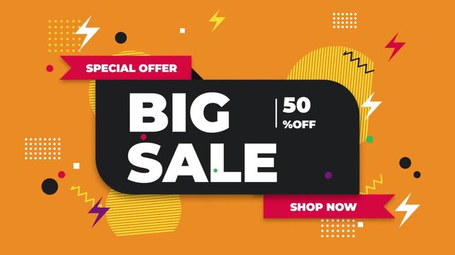 Big Sale 50 Percent Off Special Offer Memphis Style Orange Background Animated Promo Video