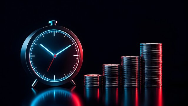 Glowing modern clock next to ascending stacks of coins representing time is money investment growth and compound interest concept