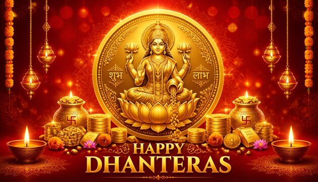 Gold Coins, money, wealth for Dhanteras festival and goddess Lakshmi puja background