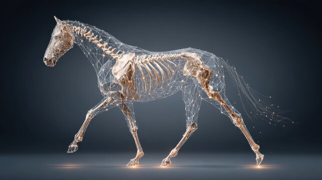 Majestic digitized horse skeleton composed of flowing energy and digital wireframe