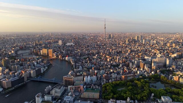 Aerial view of the Sumida River and Tokyo cityscape, Sumida Ward, Central Tokyo, Japan.