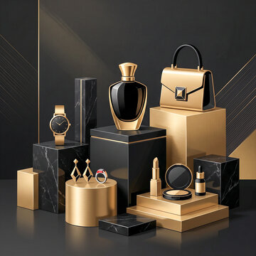 Luxury fashion accessories and cosmetics display with gold and black perfume bottle, watch, handbag, jewelry, and makeup products on geometric podiums
