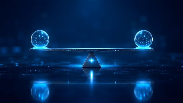 Futuristic digital balance scale weighing glowing network connection spheres representing technological equilibrium and network neutrality