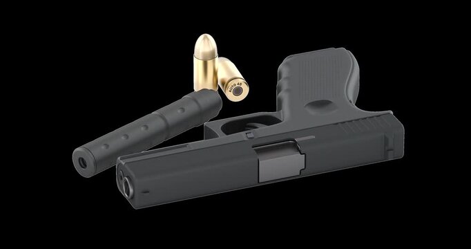 Semi automatic pistol with suppressor and ammunition rotation animation seamlessly loopable. 3D rendering isolated on transparent background