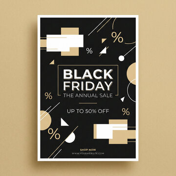 Elegant Black Friday Annual Sale Promotional Poster Mockup with Geometric Shapes and Gold Accent Details