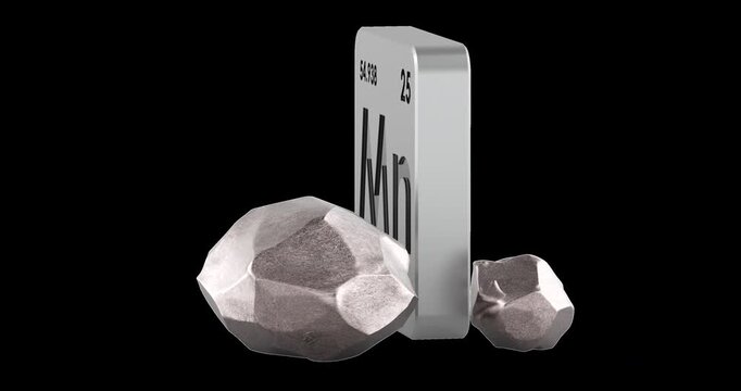 Manganese periodic table element symbol with raw manganese ore rocks rotation animation seamlessly loopable. 3D rendering isolated on transparent background